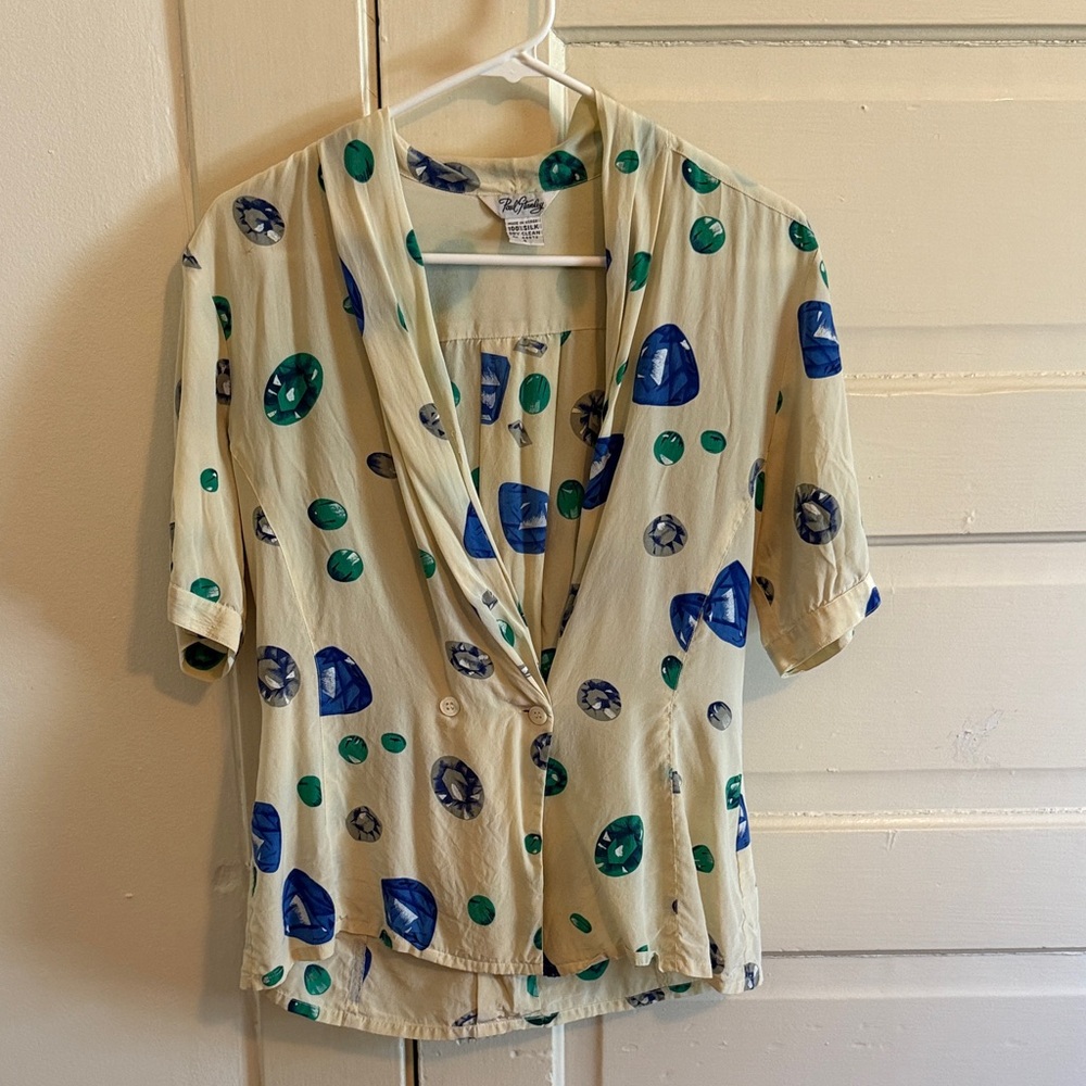 Stylish Cream Blouse with Blue and Green Patterns